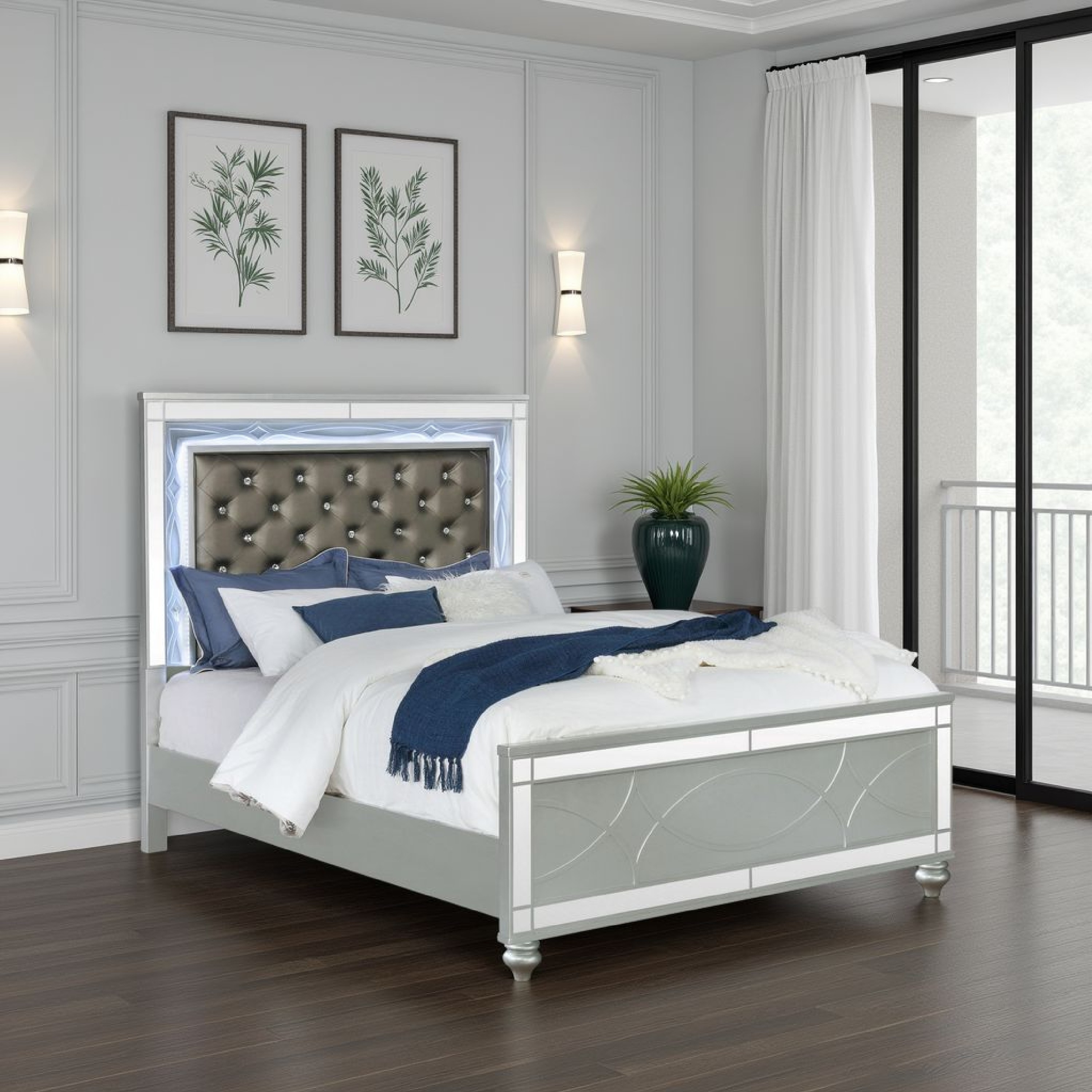 California King Panel Bed, LED, Gray Faux Leather Upholstery, Silver