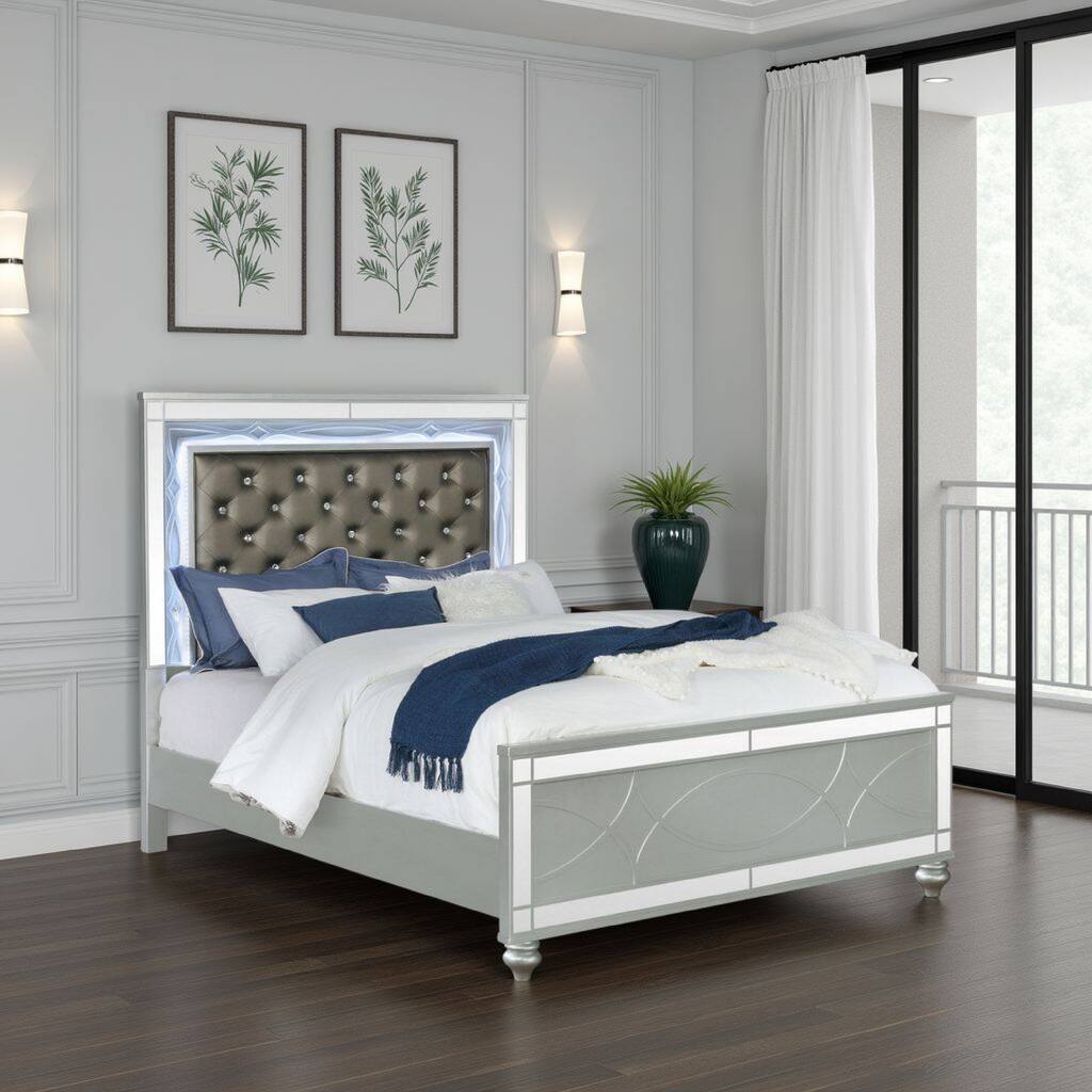 California King Panel Bed, LED, Gray Faux Leather Upholstery, Silver