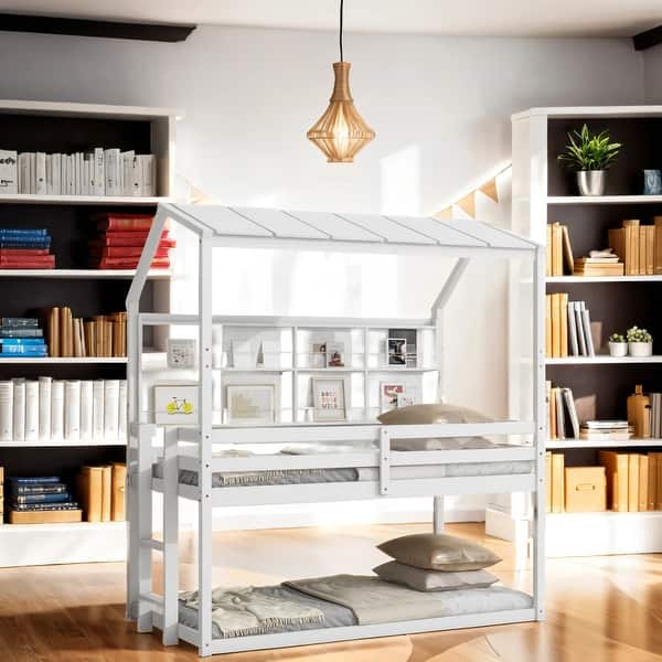 slide 2 of 15, Roof Shaped Bunk Bed With Built-In Bookshelf With Protective Rope, Wooden Kids Bunk Bed With Side Stairs White