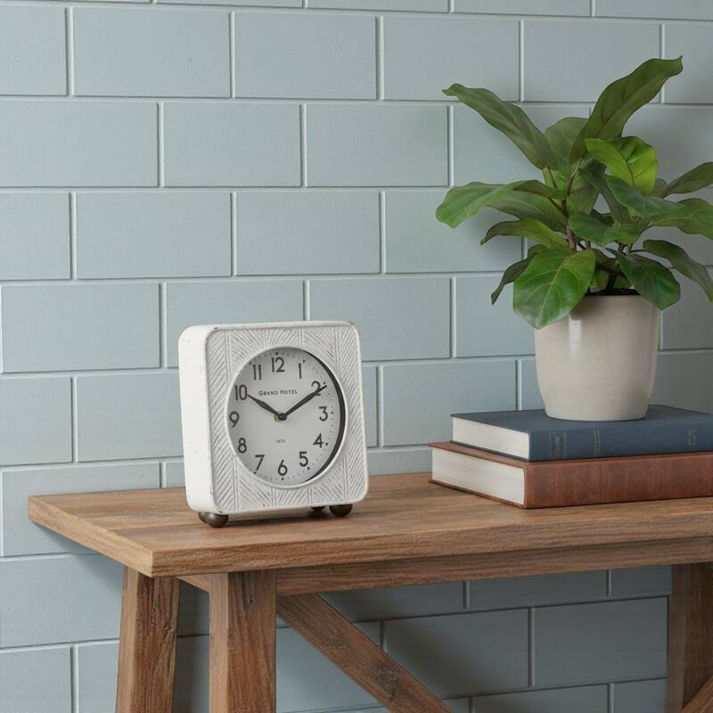 HomeRoots 9" White Iron Square Table Clock - 8.00 in. x 8.75 in. x 2.75 in. - White - 8.00 in. x 8.75 in.  x 2.75 in.