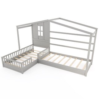 L-Shaped Double Twin House Platform Beds with Full-Length Guardrails and Decorative Window