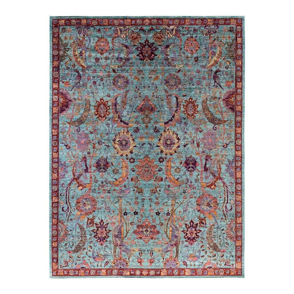 Abstract One-of-a-Kind Hand-Knotted Area Rug - Green - 8' 10" x 12' 2"