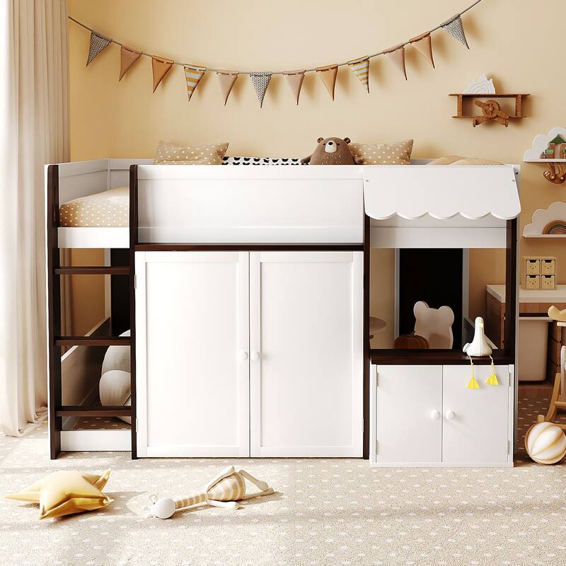 Full Size Loft House Bed with Playhouse Design & Storage, Modern Wooden Cabin Bed with Guardrails and Ladder for Kids, Teens