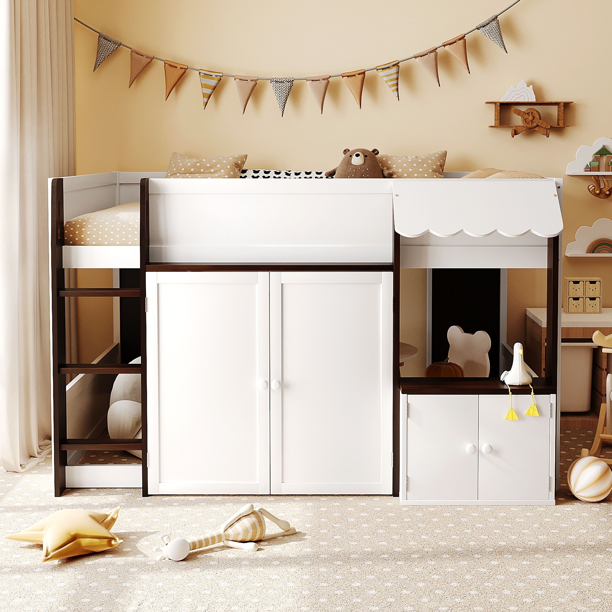 Full Size Loft House Bed with Scalloped Awning, Built-in Storage and Play Zone, Ladder and Guardrails for Kids