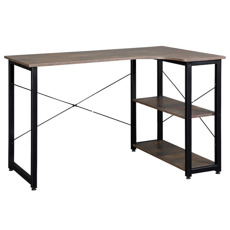 HOMCOM L-Shaped Computer Desk Home Office Corner Desk Study Workstation Table with with Wide Desktop, 2 Side Shelves, Steel