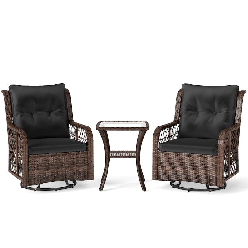 3 Piece Mix Brown Rattan Metal Swivel Chairs with Cushions and Glass Side Table - 30" x 26" x 35" - Black