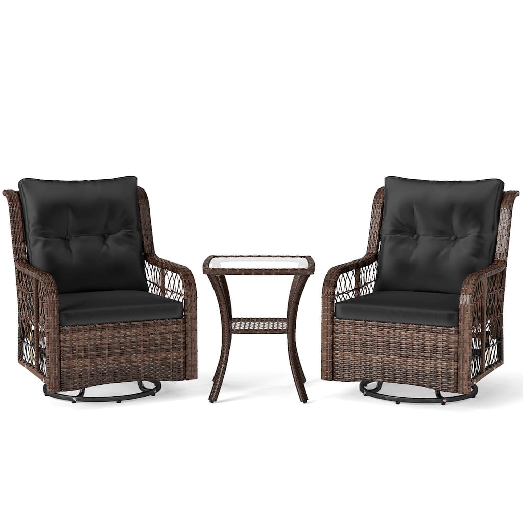 3 Piece Mix Brown Rattan Metal Swivel Chairs with Cushions and Glass Side Table - 30" x 26" x 35"