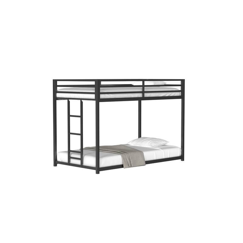 Low Profile Twin over Twin Metal Bunk Bed with Ladder and Guardrails for Kids and Adults
