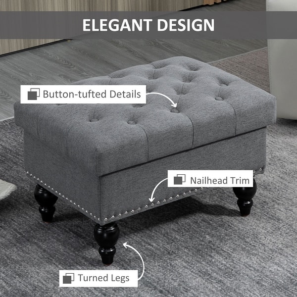 dimension image slide 3 of 7, HOMCOM Storage Ottoman with Removable Lid, Button-Tufted Fabric Bench for Footrest and Seat with Wood Legs