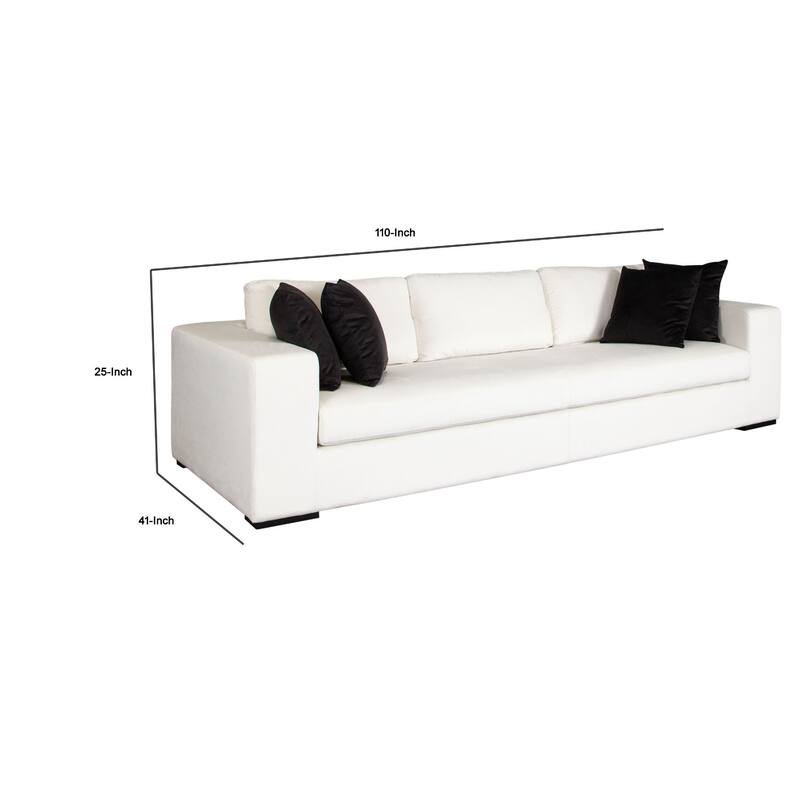 Lipi Modern Sofa, Mist White Fabric w Track Arms, 110 Inch, 4 Accent Pillows