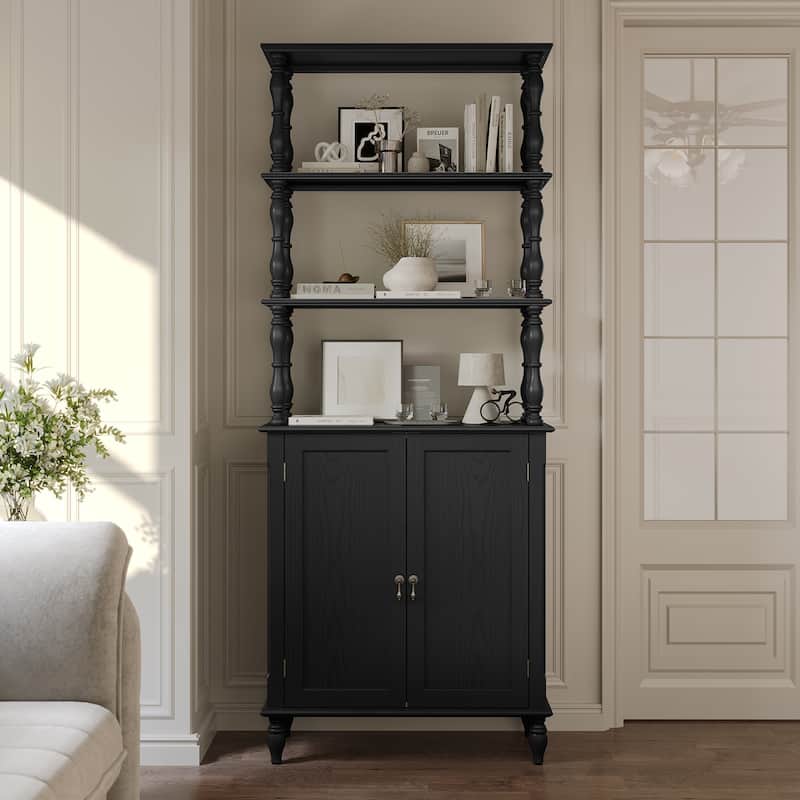 77" Tall Bookshelf with Cabinet, Freestanding Storage Cabinet - Black
