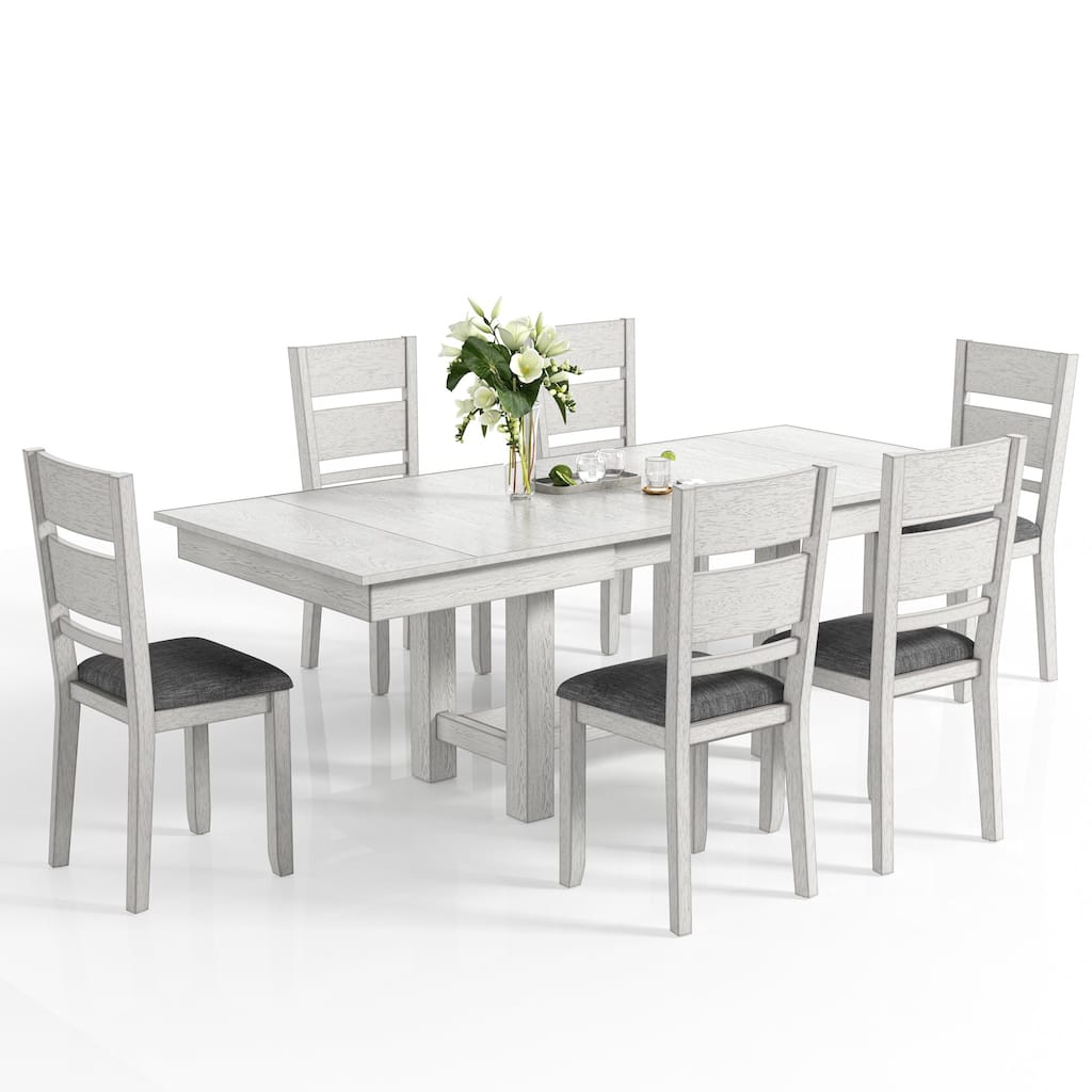 VECELO 7 Piece Dining Set, Thickened Solid Wood Rectangular Extendable Dining Table & 6 Solid Wood Dining Chairs
