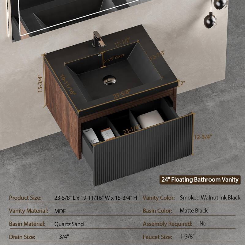 24''/30''/36''/42'' Floating Vanity,Smoked Walnut Storage Cabinet with Soft-Close Drawers,Black Quartz Sand Sink,Wall-Mounted