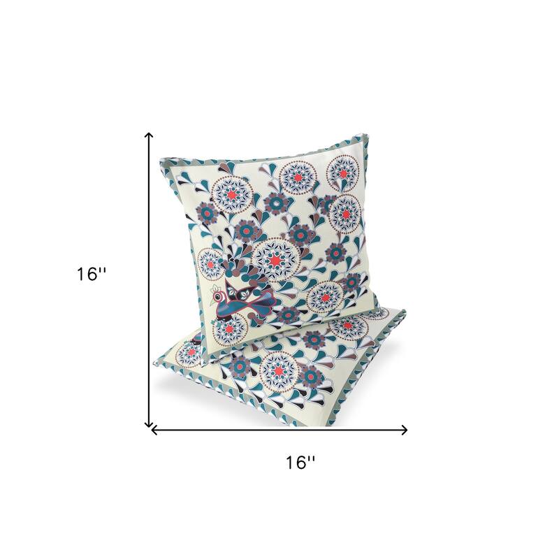 HomeRoots Set of Two 16" X 16" Black and Off White Peacock Blown Seam Floral Indoor Outdoor Throw Pillow