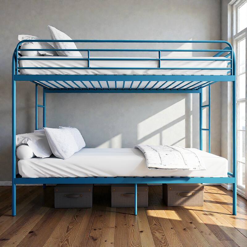 Twin Over Twin Metal Bunk Bed with Dual Ladders, Full Length Guardrails, Heavy Duty Frame, No Box Spring Needed - Blue - Twin