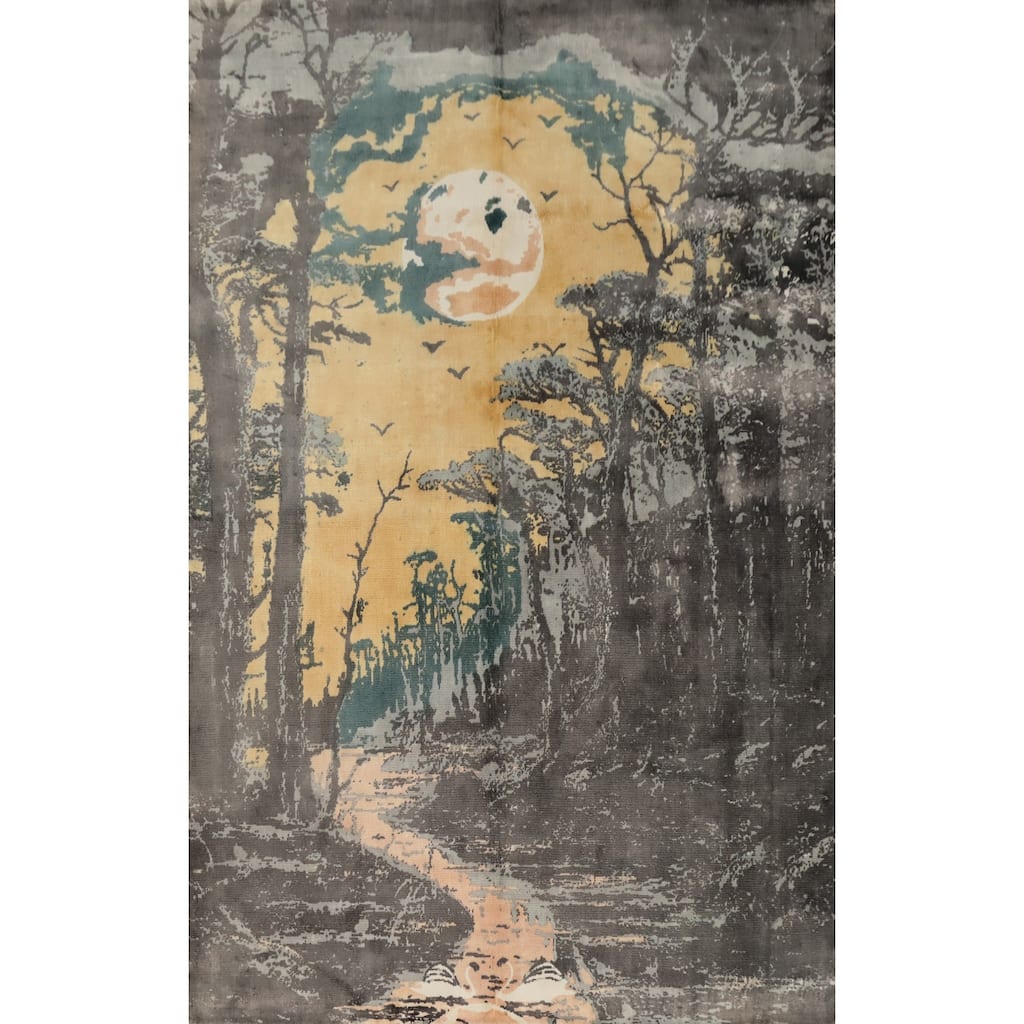 Hand Knotted Oriental Viscose Silk Carpet Modern Pictorial Greys & Charcoal Abstract Area Rug - 7' 9'' X 5' 6''