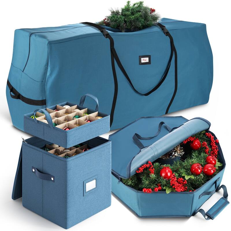 Hearth & Harbor Christmas Storage Containers, Christmas Tree, Wreath & Ornaments Storage Bag - Combo Set 2 - Blue