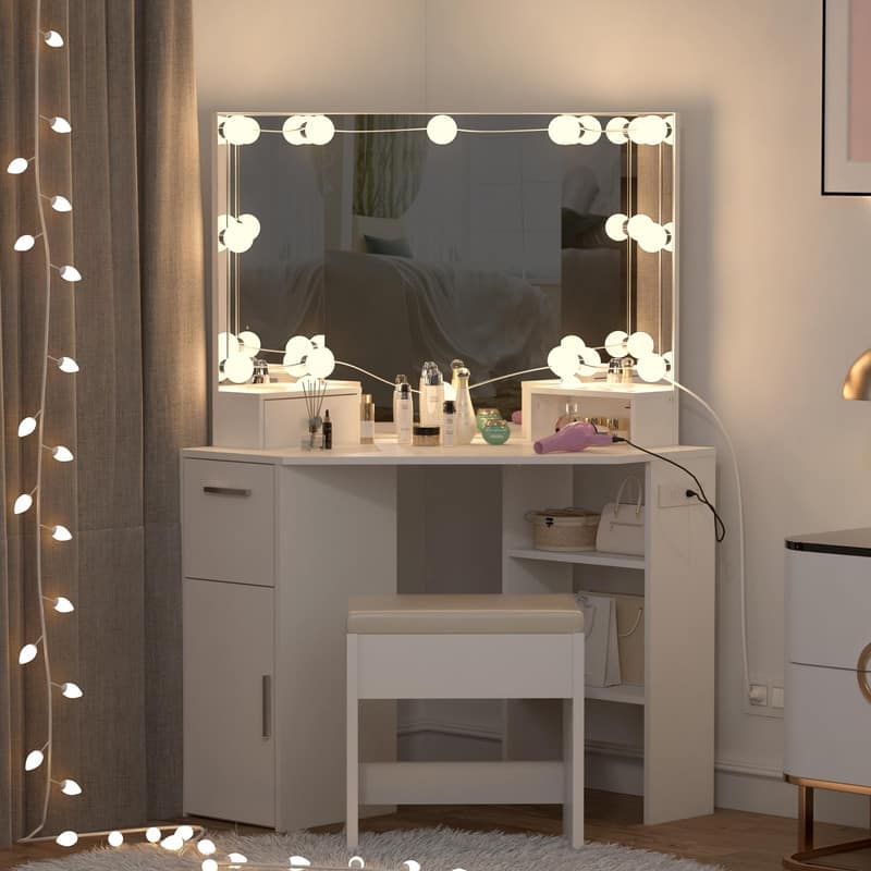 White Corner Vanity Table with LED Mirror, Drawers, Stool, Power Outlet