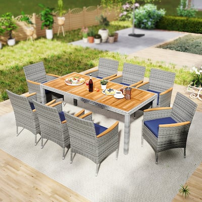 Gymax 9 Pieces Patio PE Wicker Dining Set Outdoor Acacia Wood Table &