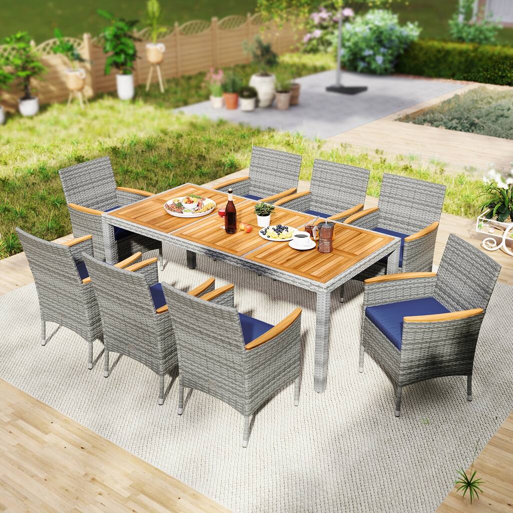 Gymax 9 Pieces Patio PE Wicker Dining Set Outdoor Acacia Wood Table &