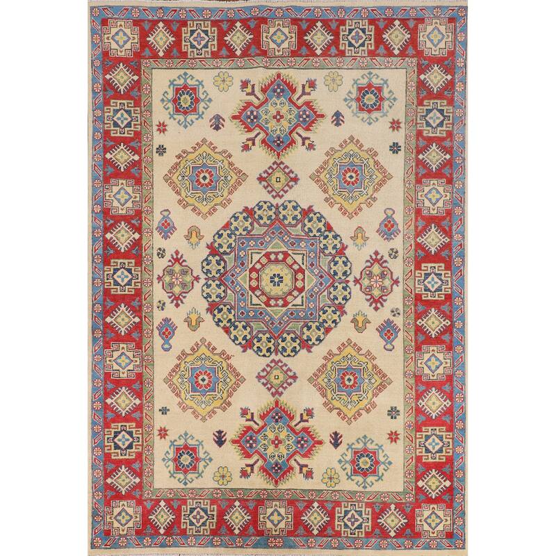 Oriental Beige Kazak Rug Hand-Knotted Wool Carpet - 5'6" x 7'8"