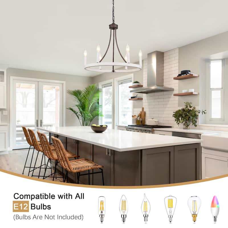6-Light Farmhouse Candle Circle Hanging Wagon Wheel Chandelier Lighting for Kitchen Island