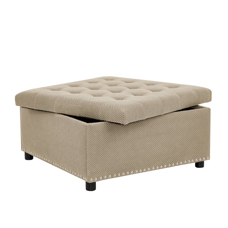 Square Tufted Upholstered Storage Ottoman with Nailhead Trim