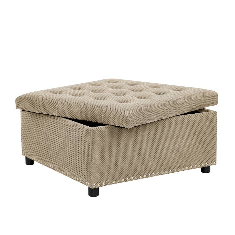 Storage Ottoman,Tufted Footstool, Nailhead Trim Ottoman, Square Storage Ottoman, Upholstered Coffee Table, Bedroom Storage