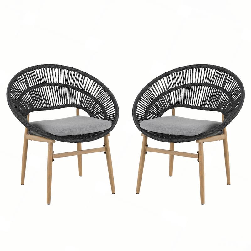 Outdoor Wicker Papasan Style Dining Chair with Beige Cushion, Set of 2