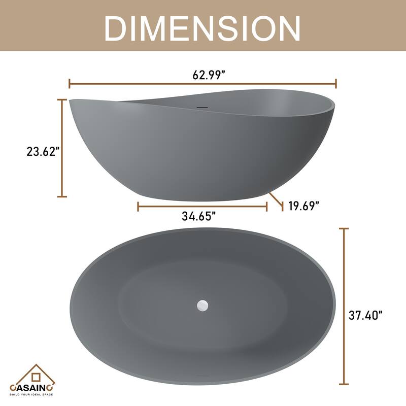 63" Solid Surface Freestanding Bathtub in Matte White/Black/Grey