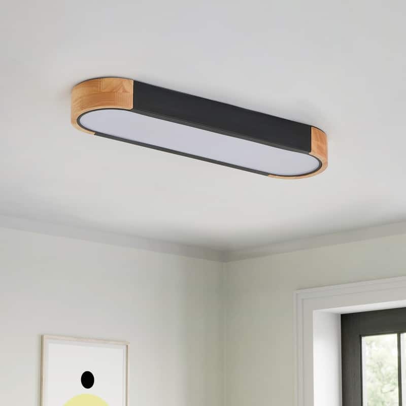 Modern Wood Grain Linear Flush Mount Ceiling Light Matte White LED Fixture for Bedroom Living Room Kitchen