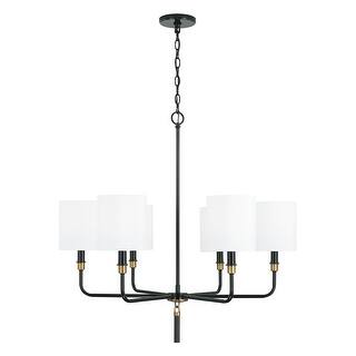 Beckham 32" 6-light Glossy Black/ Aged Brass Chandelier w/ White Fabric Drum Shades
