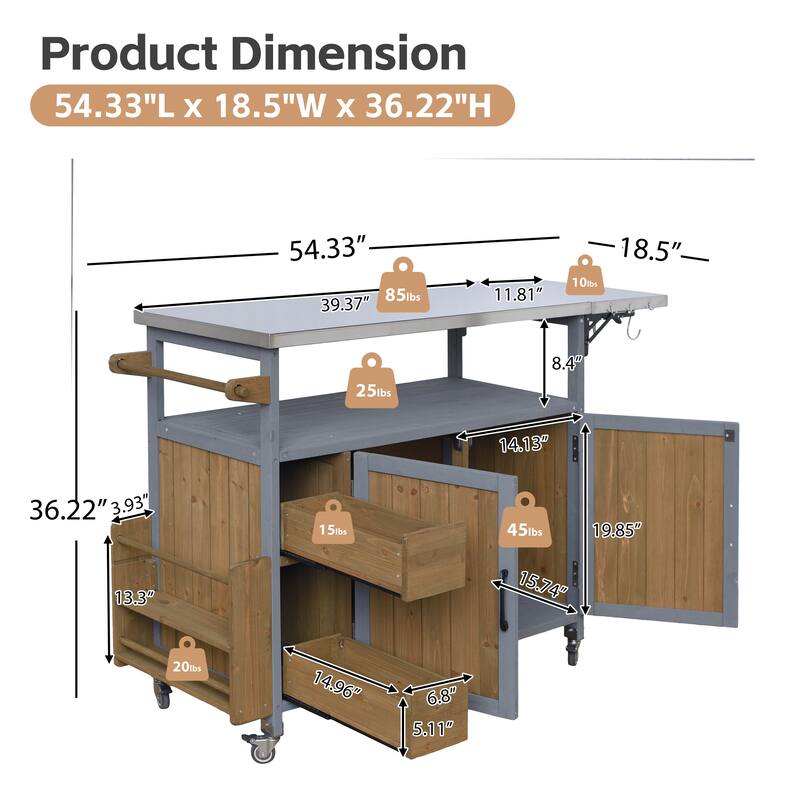 Christopher Knight Home - 54.33" Solid Wood Mobile Outdoor Kitchen Cart with Stainless Steel Top & Spice Rack & Lockable Wheels