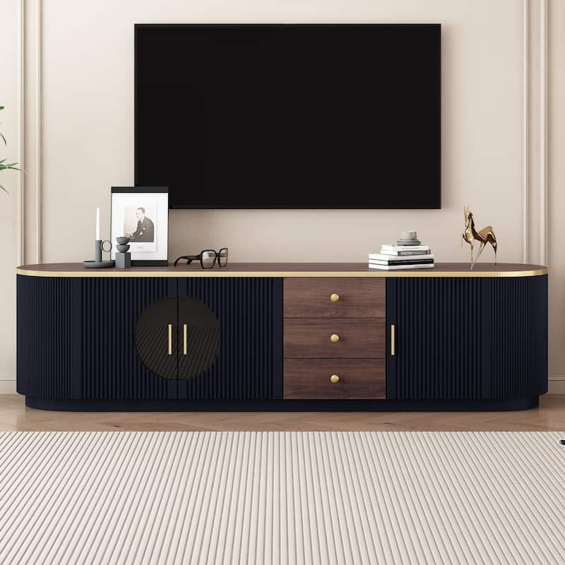 70.8" Floor Curved Storage TV Stand with 3 Drawers 3-Door Decorative TV Cabinet for TVs up to 80'' Media Console Table - Black