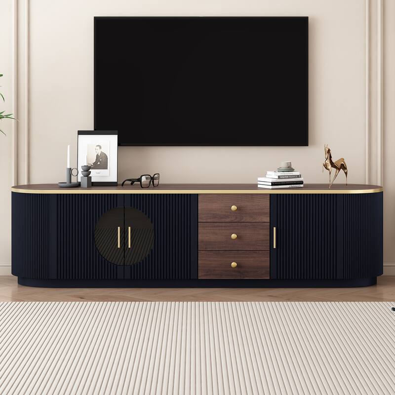 Modern Minimalist TV Stand, for TVs up to 80 Inches with 3 Drawers, Metal Handles and 2 Cabinets, for Living Rooms, Black