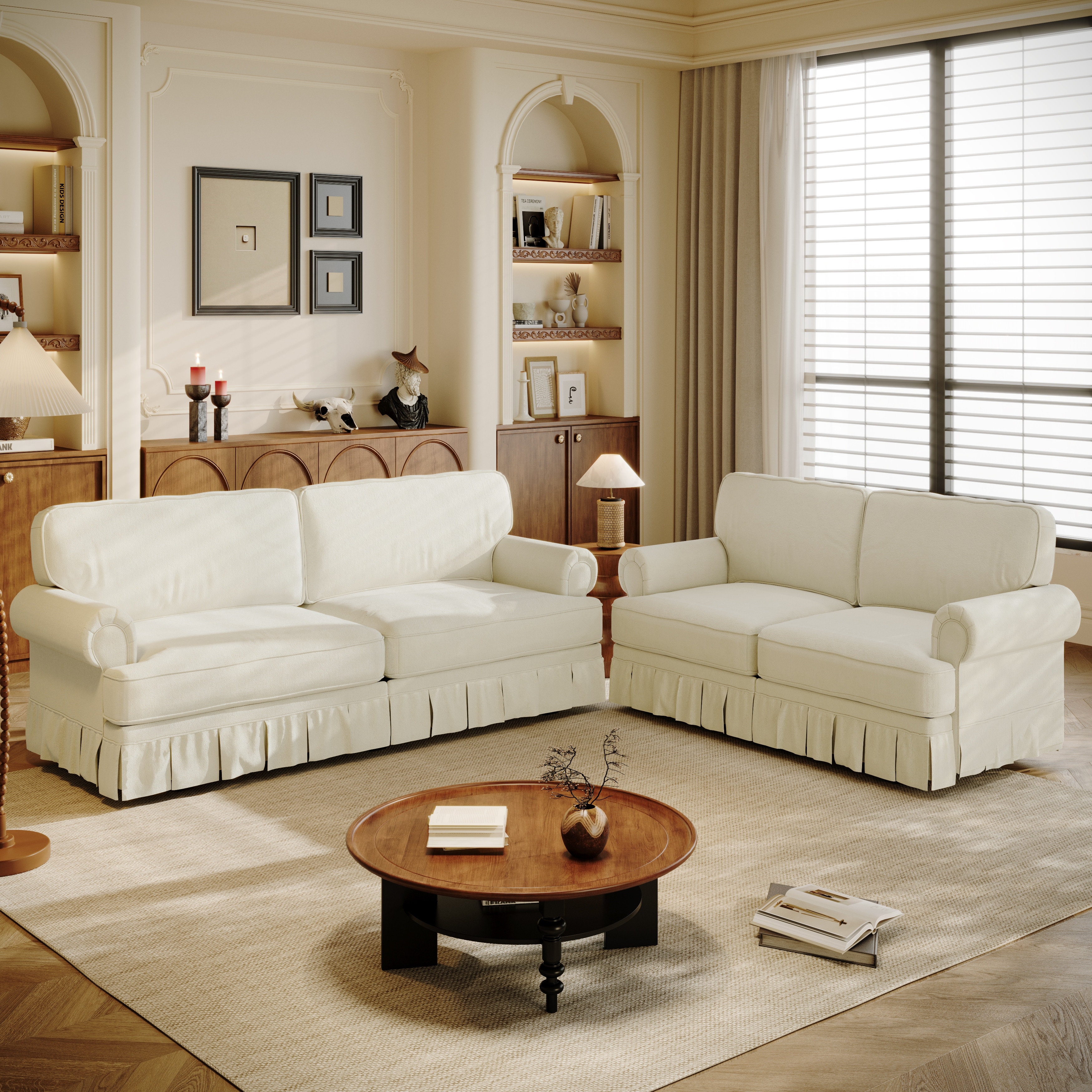 GDFStudio - Chenille Deep Seat 3&4-Seater Sofa Set with Skirt Design (Set of 2)