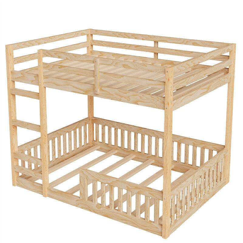 Full over Full Size Bunk Bed with Ladder and Guardrails, Wooden Floor Bunk Bedframe with Slats Support for Kids