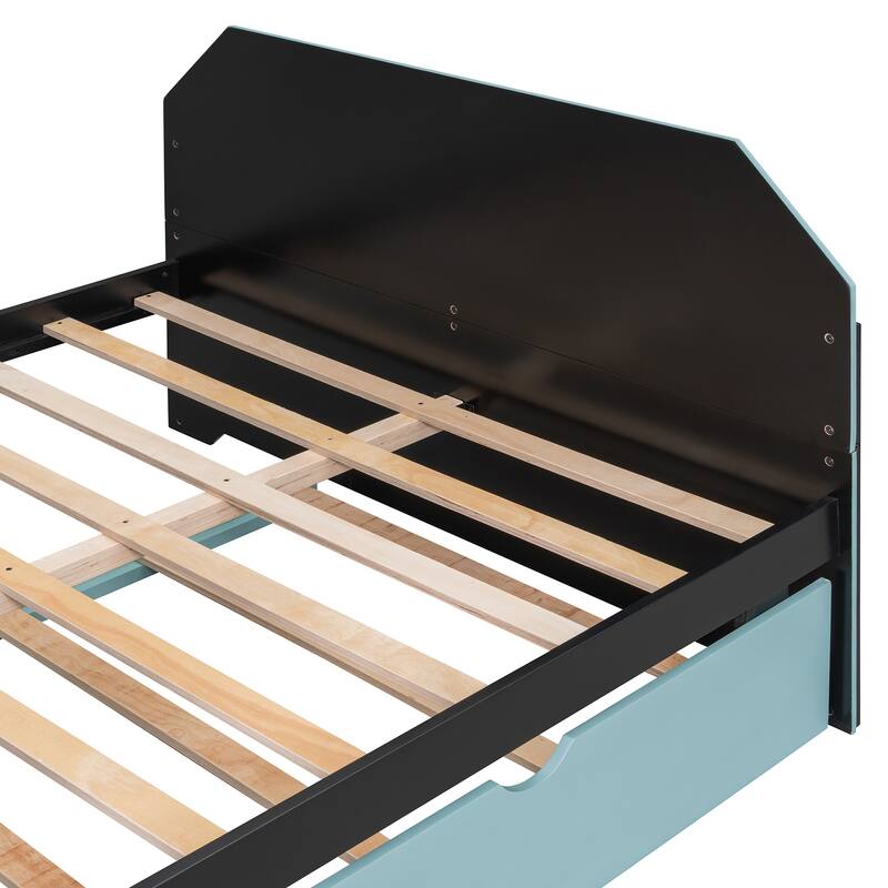 Modern Wood Daybed with Twin Trundle, Desk, USB Port, Cloud Blue