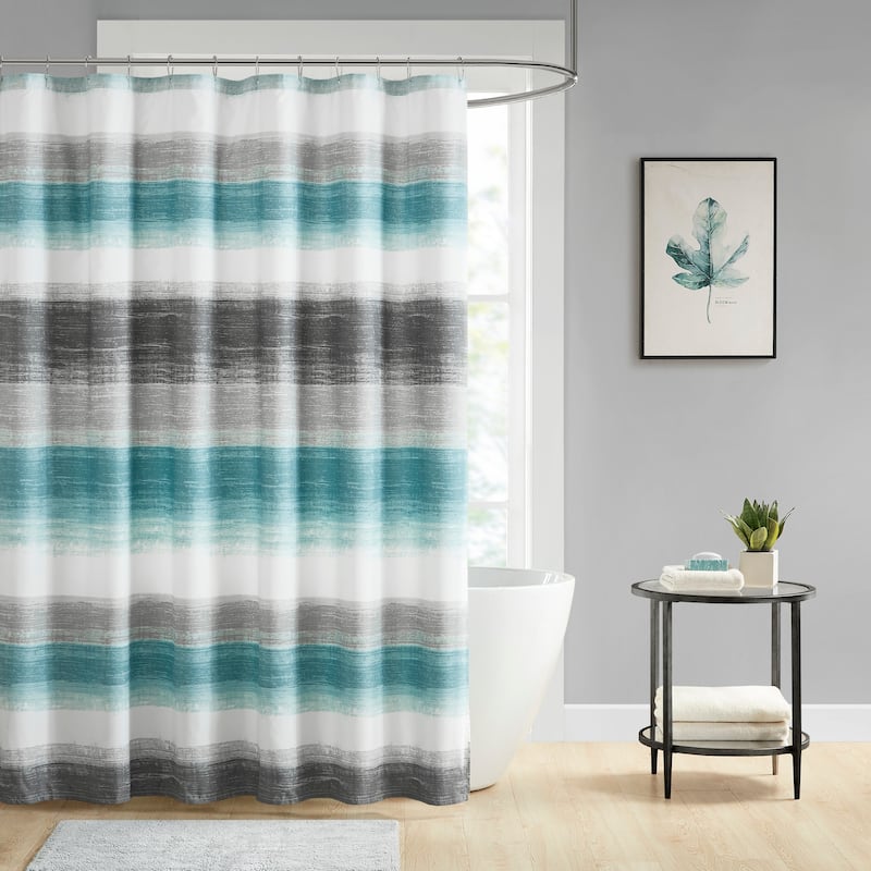 Madison Park Essentials Barret Stripe Print Shower Curtain - Aqua/Grey