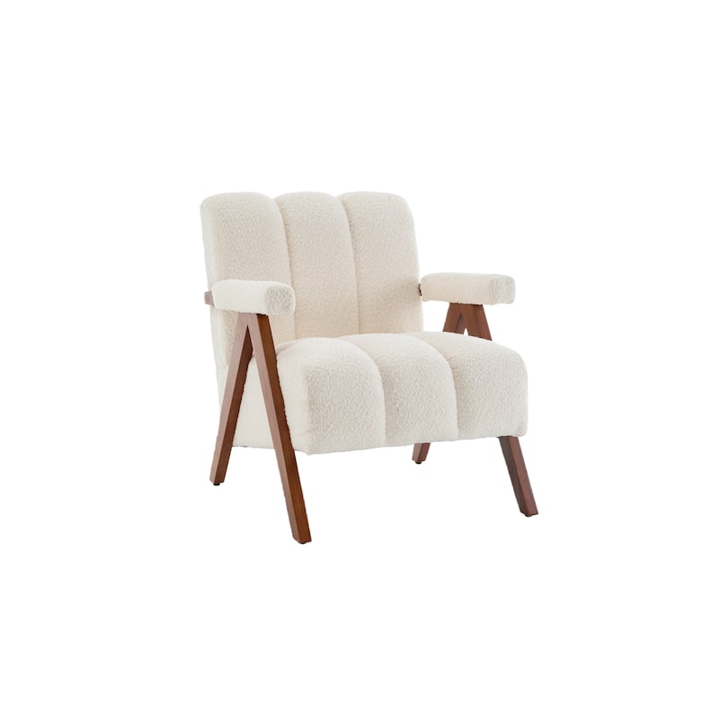 Mid Century Modern Accent Chair, Chenille Armchair with Solid Wood Legs, Channel Tufted Comfy Reading Chair for Living Room