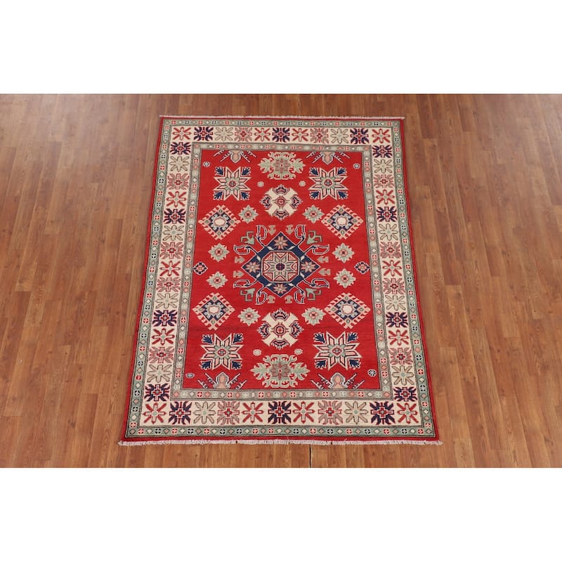 Red Geometric Kazak Area Rug Handmade Oriental Bedroom Wool Carpet - 4'10" x 6'5"