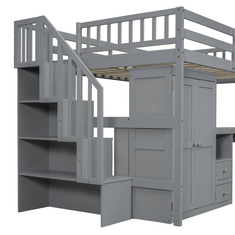 Kids Loft Bed with Desk, Stairs, Wardrobe, Bookshelf & Storage Drawers - Multifunctional Space-Saving Furniture