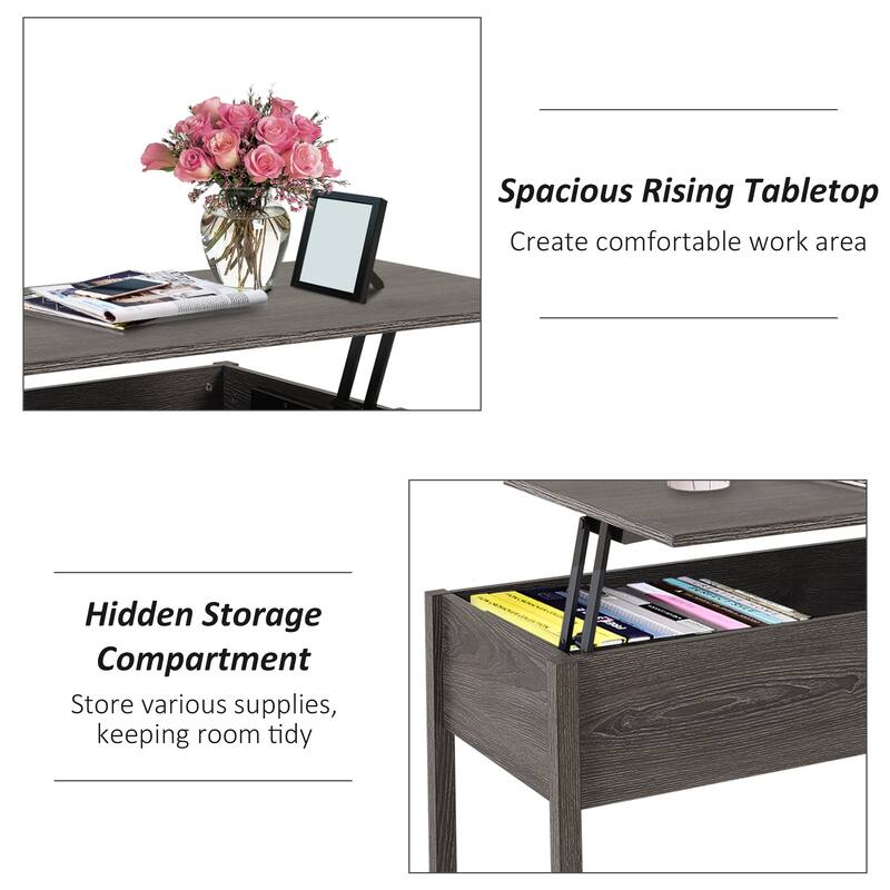 HOMCOM 39" Modern Lift Top Coffee Table Desk With Hidden Storage Compartment for Living Room, Light Grey Woodgrain