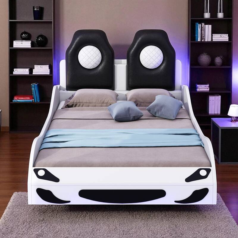 Twin Size Wood Race Car Platform Bed with LED Lights, Upholstered Backrest & Safety Rails