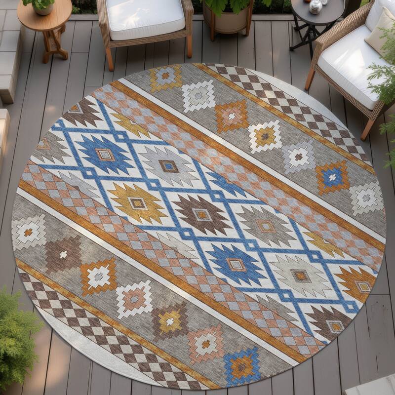 Machine Washable Indoor/ Outdoor Global Clemente Chantille Rug - Ivory - 8' x 8'