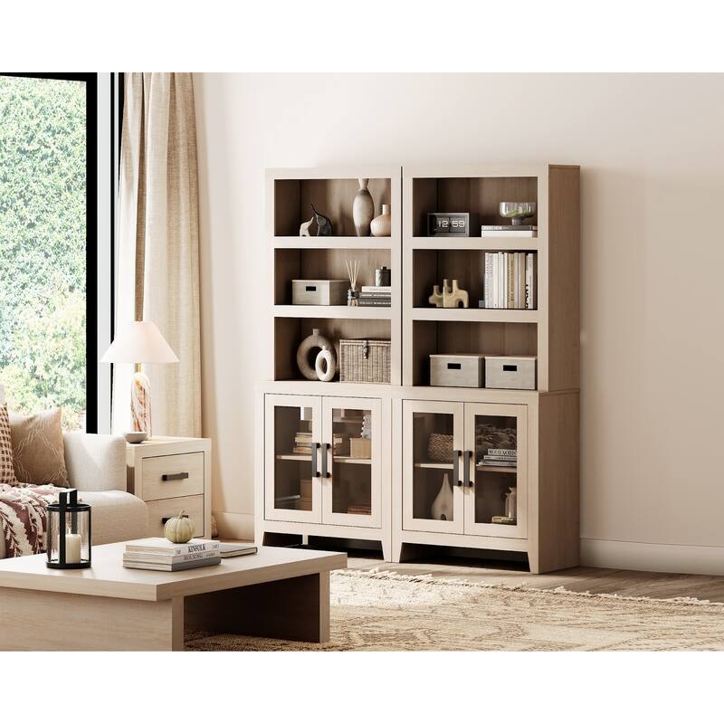 WAMPAT 3 Tier Bookshelf with Glass Door, 74" Tall Bookcase with Adjustable Shelf and Storage Cabinet, Farmhouse Wooden Bookshelf