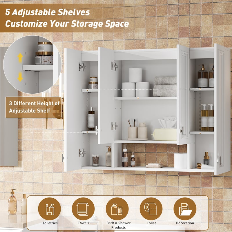 Roomfitters Wall Mounted Medicine Cabinet with 5 Adjustable Shelves, Modern Mirror Storage with Open Shelving, White