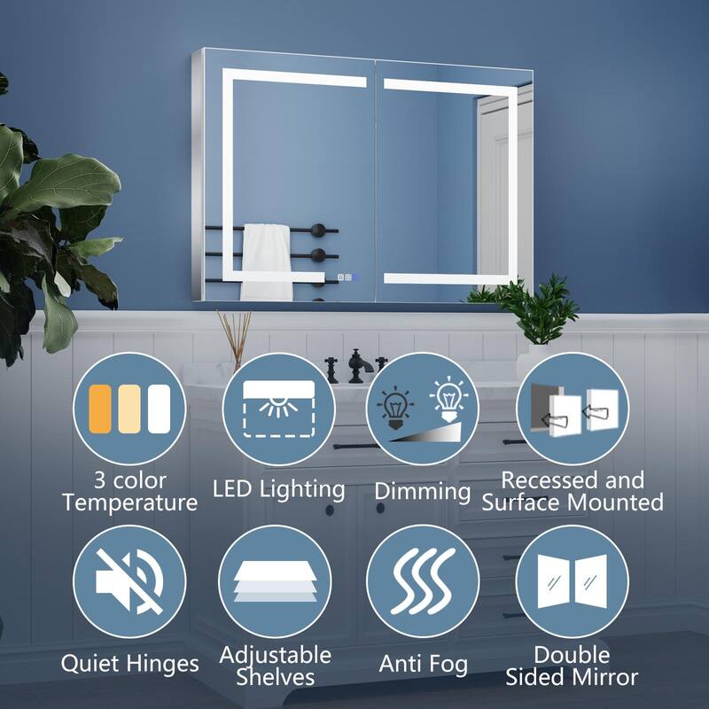 ExBrite 36" x 30" LED Lighted Bathroom Medicine Cabinet with Mirror,Recessed or Surface Mount,Defog