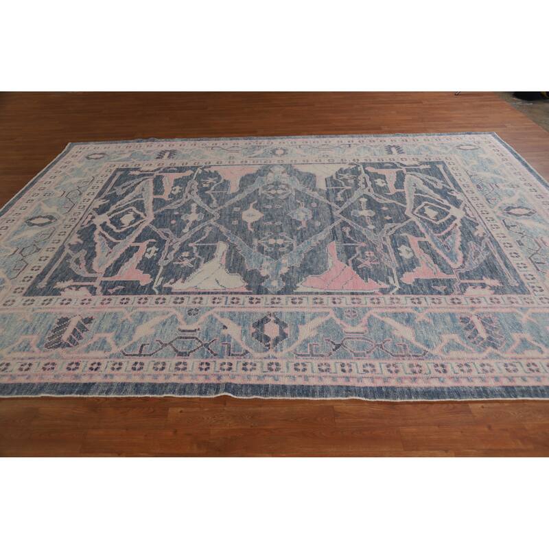 Hand Knotted Oriental 100% Wool Carpet Transitional All-Over Navy Blue & Blues Oushak Area Rug - 10' 10'' X 8' 0''