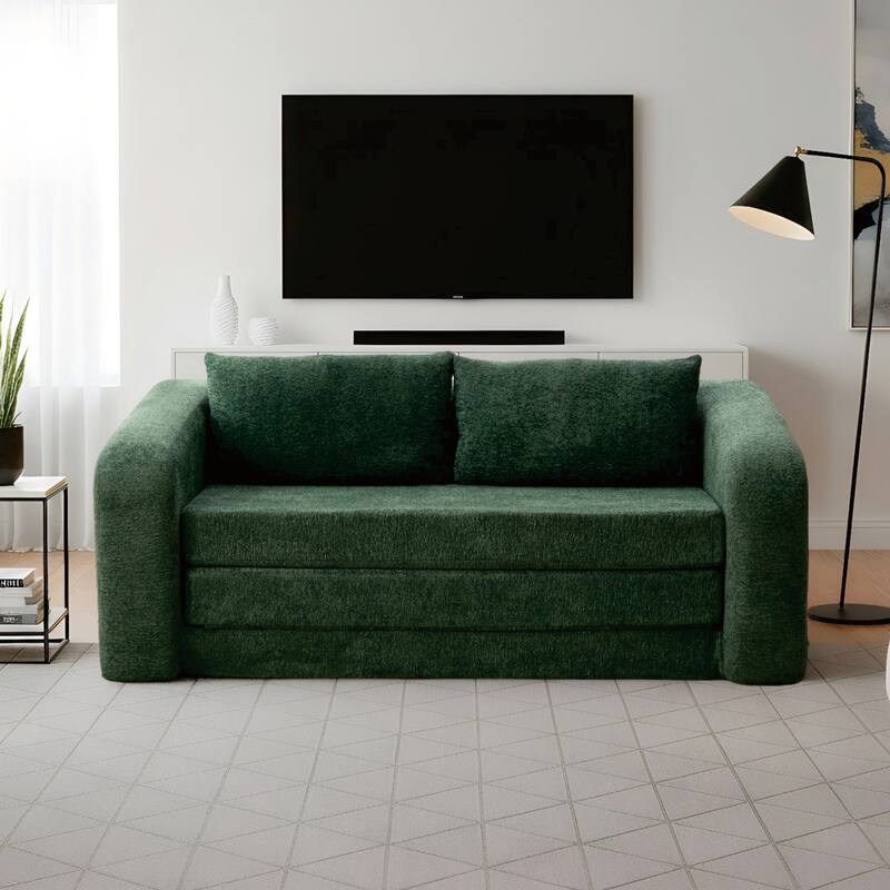 71.2"W 2-in-1 Foldable Pull Out Loveseat Sofa Bed Equipped with Armrest & Backrest Pillows - GREEN